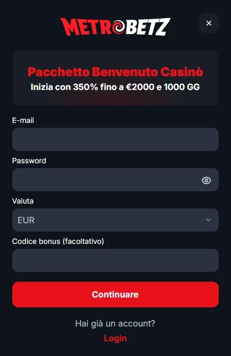 MetroBetz: 350% fino a 2000 € MetroBetz: 350% fino a 2000 €